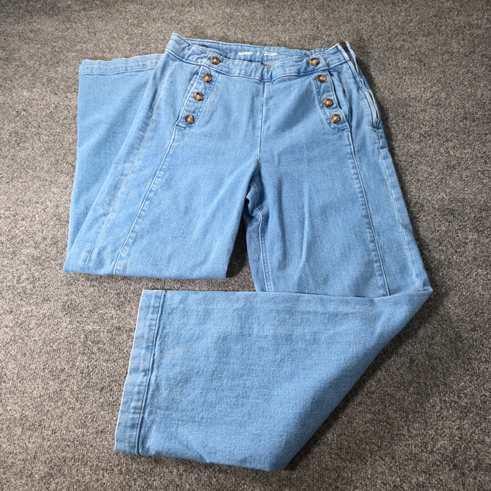 Old Navy Extra High Rise Wide Leg Sailor Jeans Button Front Size 12 Light Blue